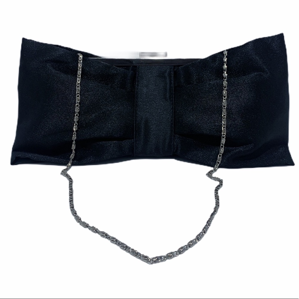 Black Satin Evening Clutch Bag with Thin Silvertone Shoulder Chain Strap